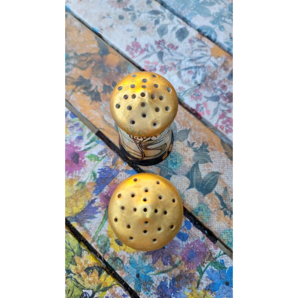 Art Nouveau 1920s Hand-Painted Porcelain Salt & Pepper Shakers - Gilded Gold Top